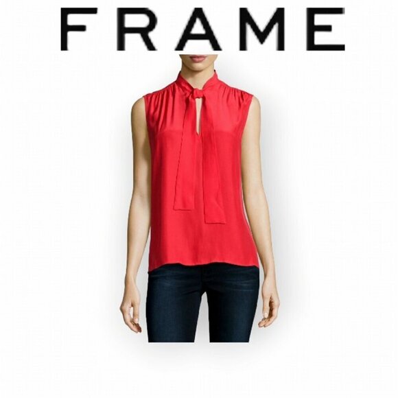Frame Silk Tie-Neck Sleeveless Blouse Lipstick Red Size S - Picture 1 of 13